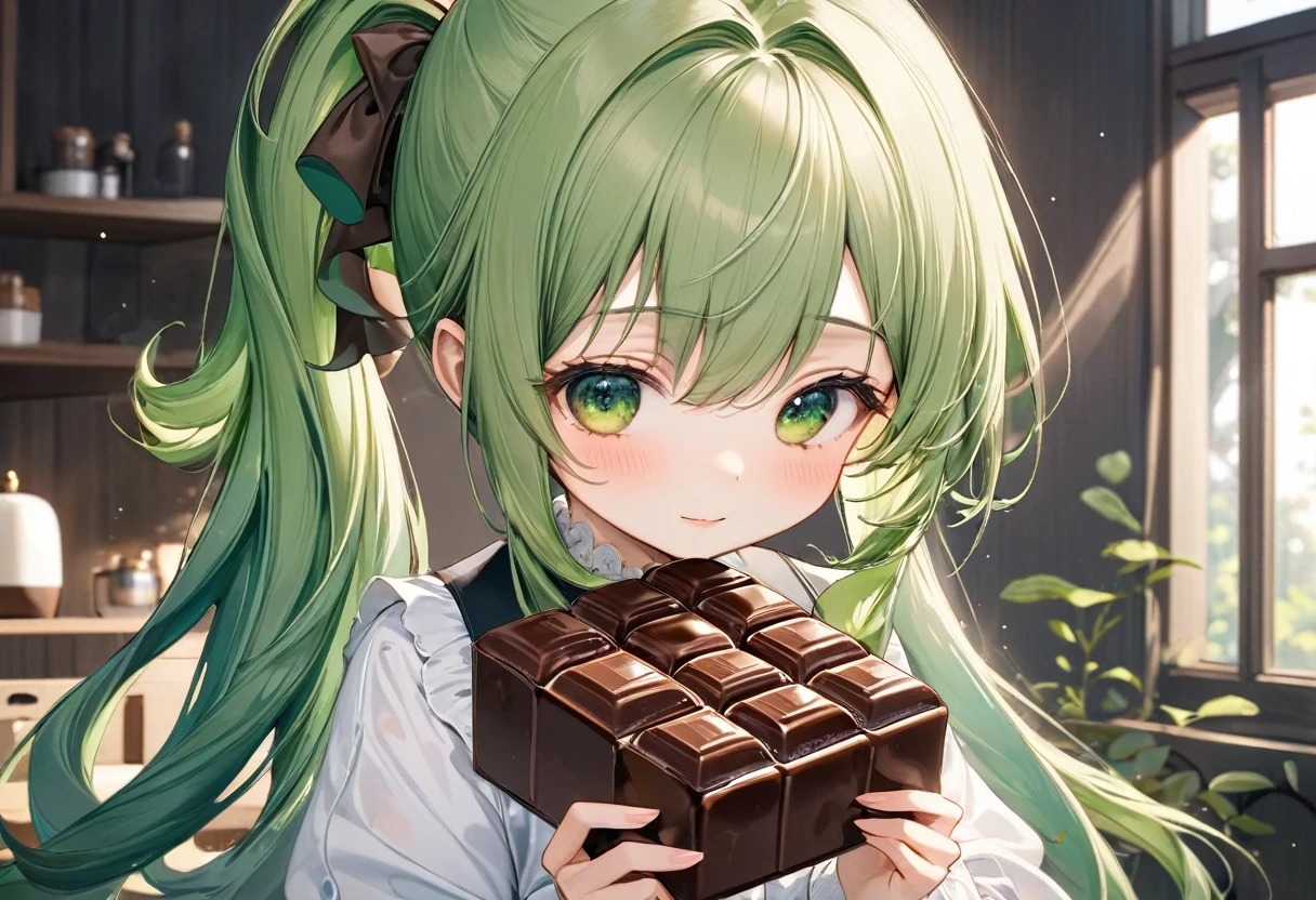 (the chocolate is shape of the number 3), (solo ponytail green hair long hair cute girl is holding it), perfect anatomy, masterpiece, best quality, 16k, beautiful detailed grow, daydreaming expression.