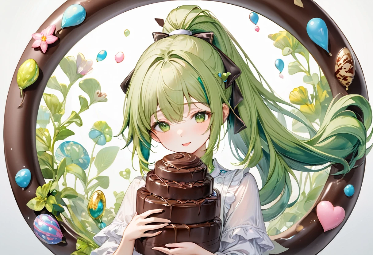 (the chocolate is shape of the number 3), (solo ponytail green hair long hair cute girl is holding it), perfect anatomy, masterpiece, best quality, 16k, beautiful detailed grow, daydreaming expression.