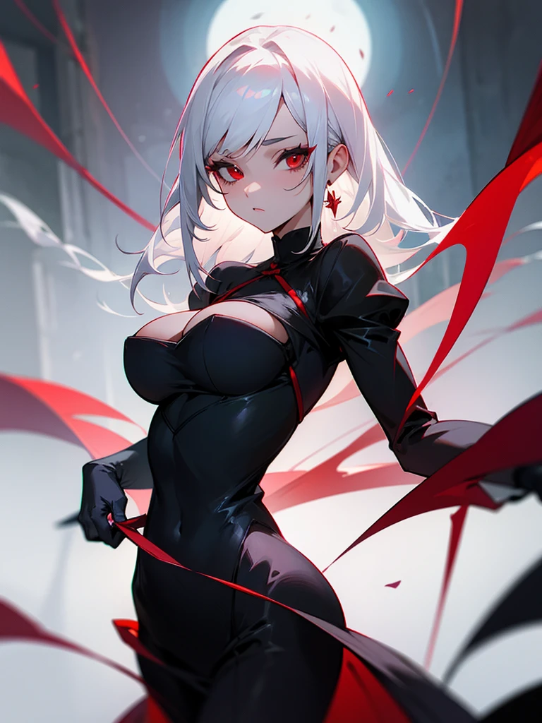 Hot girl, white hair, red eyes, black weeding drees, big tits