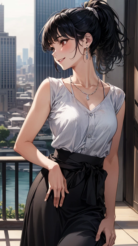 (masterpiece:1.3, highest quality, Ultra-high resolution, Super detailed), (Realistic, photoRealistic:1.4), Beautiful illustrations, Perfect lighting, colorful, Depth of written boundary,
Beautiful detailed hair, Beautifully detailed face, Beautiful fine details, Beautiful clavicle, Beautiful body, Beautiful breasts, Beautiful thighs, Beautiful feet, Beautiful fingers,
View Viewer, Front view:0.6, 1 girl, Japanese, Female college student, Perfect Face, (Perfect Anatomy, Anatomically correct), Cute and symmetrical face, Baby Face, , Shiny skin,
((Something to wear, Cut and sew, Long skirt)),
(Black Hair, ponytail:1.4), Asymmetrical bangs, Brown eyes, Long Eyelashes, (Medium chest), thin,
necklace, Earrings,
(Beautiful views), evening, (city, cityscape in the distance), Are standing, (Place your hand on your chest), (Smile, Lips parted),