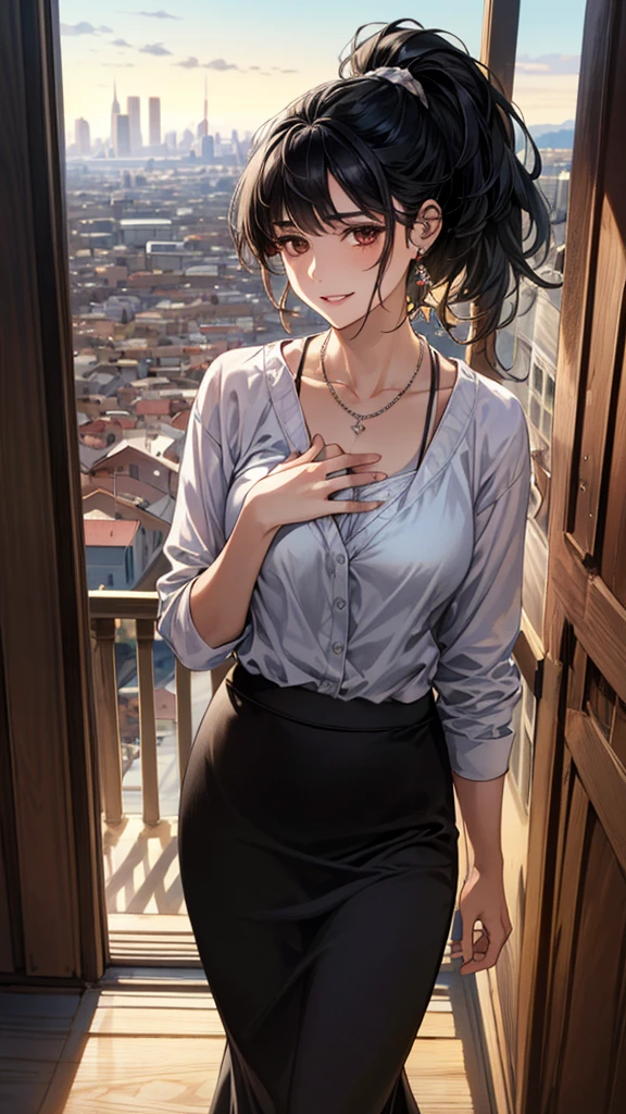 (masterpiece:1.3, highest quality, Ultra-high resolution, Super detailed), (Realistic, photoRealistic:1.4), Beautiful illustrations, Perfect lighting, colorful, Depth of written boundary,
Beautiful detailed hair, Beautifully detailed face, Beautiful fine details, Beautiful clavicle, Beautiful body, Beautiful breasts, Beautiful thighs, Beautiful feet, Beautiful fingers,
View Viewer, Front view:0.6, 1 girl, Japanese, Female college student, Perfect Face, (Perfect Anatomy, Anatomically correct), Cute and symmetrical face, Baby Face, , Shiny skin,
((Something to wear, Cut and sew, Long skirt)),
(Black Hair, ponytail:1.4), Asymmetrical bangs, Brown eyes, Long Eyelashes, (Medium chest), thin,
necklace, Earrings,
(Beautiful views), evening, (city, cityscape in the distance), Are standing, (Place your hand on your chest), (Smile, Lips parted),