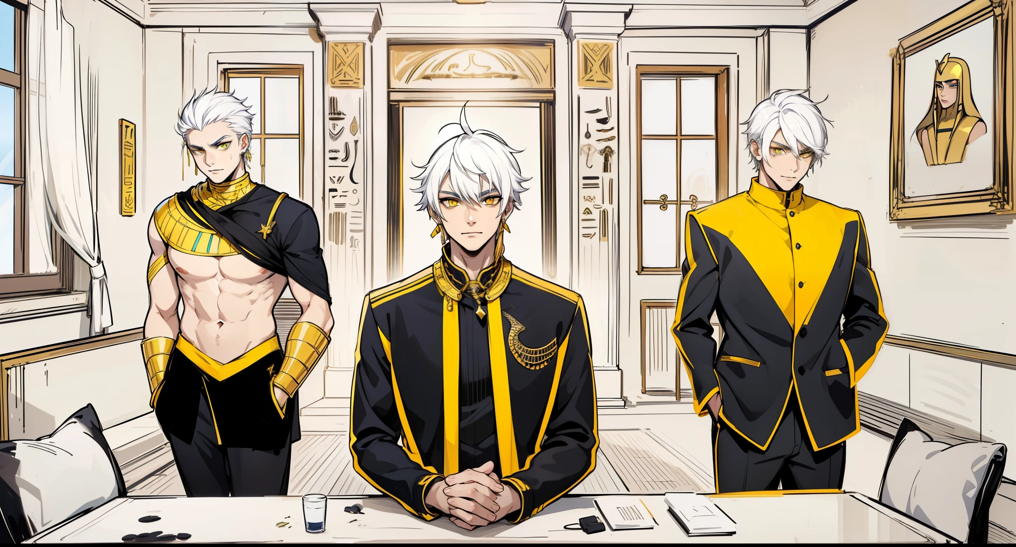 There are 5 Egyptian gods, one of them is intimidating. They have a youthful appearance of , white hair, big yellow eyes, they have golden jewelry, black and yellow clothes.