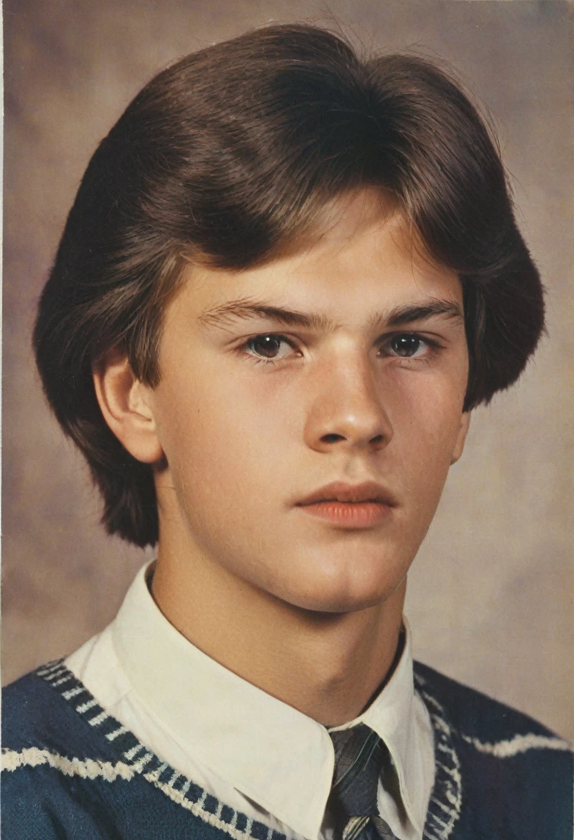 color photo. Male 20 years old. Portrait photo from a school yearbook in the USSR in the 1980s Highly detailed. The man looks like a school bully