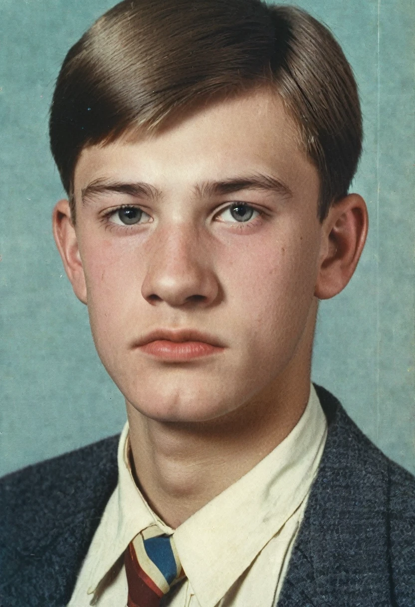 color photo. Male 20 years old. Portrait photo from a school yearbook in the USSR in the 1980s Highly detailed. The man looks like a school bully
