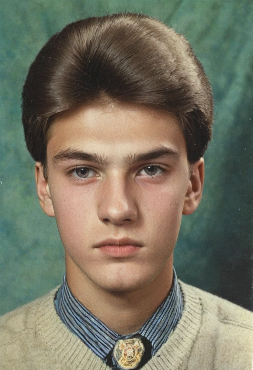 color photo. Male 20 years old. Portrait photo from a school yearbook in the USSR in the 1980s Highly detailed. The man looks like a school bully