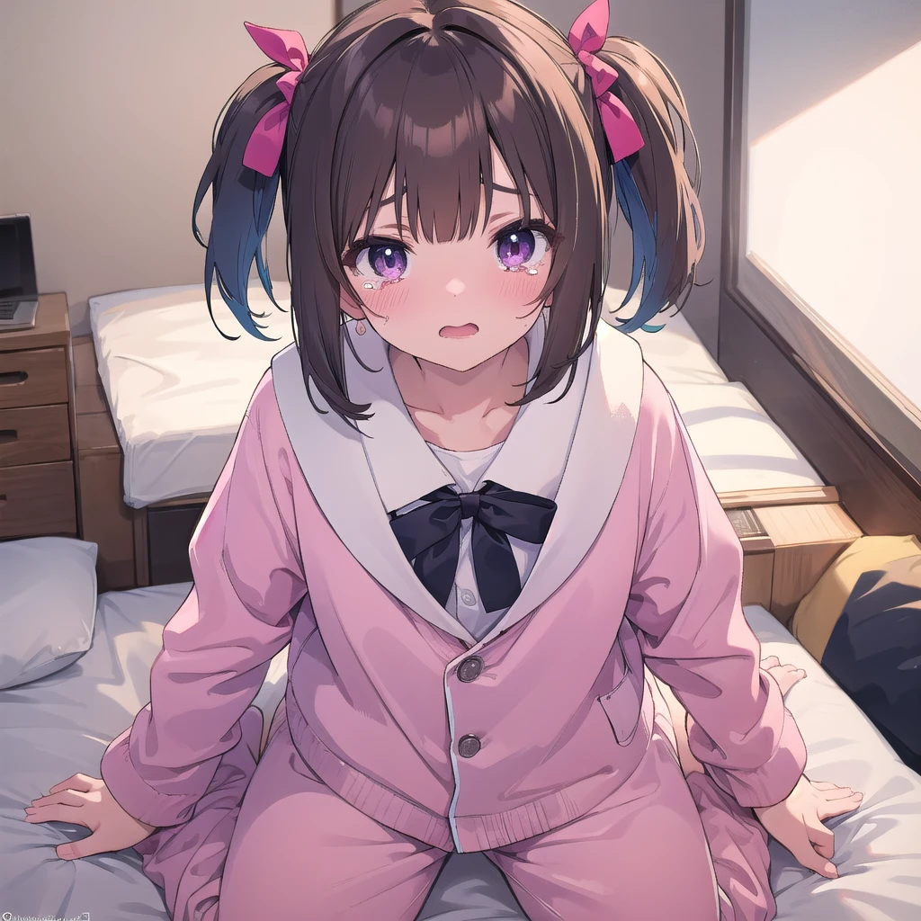 ((masterpiece, best quality, absurdres, ultra detailed, 8K,)) a girl, medium hair, twintail, brown hair,blue hair ribbons, purple eyes,pink pajamas, front view, cowboy shot, (from above),BREAK, fear, embarrassed, looking at viewer, with tears in eyes, wariza,on bed,in bedroom,