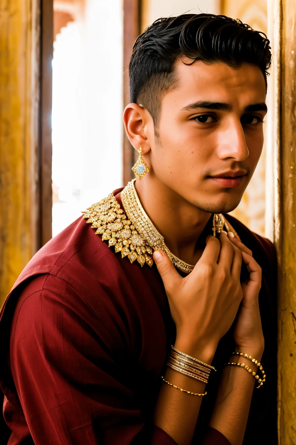 Moroccan boy crying wearing luxury jewelry on him