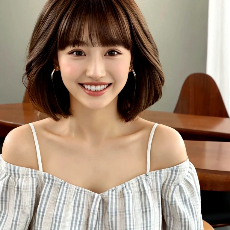 (table top:1.4、highest quality:1.4、best image quality:1.4、Beautiful adult woman full of charm with cute adult smile:1.4、beautiful teeth、lip gloss、brunette short bob hair、shiny and glossy hair、Has shiny bangs:1.4、bangs:1.4、short shiny hair with long locks,,,、long neck:1.4、show me your ears、tall supermodel、Supermodel with broad shoulders、{Huge|big|Huge|mega} chest, Beautiful chest have cleavage)、(cute high school girl、off-shoulder white see-through shirt、Short plaid see-through pleated skirt、28 years old)、Very cute and attractive woman、portrait:2