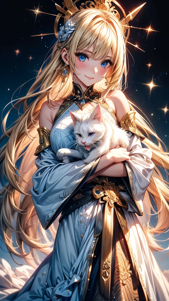 Highly Detailed CG Unity 8K Wallpaper, pretty girl, Mature blonde girl, Half Up,beautiful girl, Hot Maiden, Pale skin (super masterpiece, Fantasy art with intricate detail:1.5，Beautiful person, Well detailed face polluted smile, Her flat chest is completely hidden by her dress、Realistic, Surreal), Pray to the stars,Girl holding cute white cat with big eyes in her arms