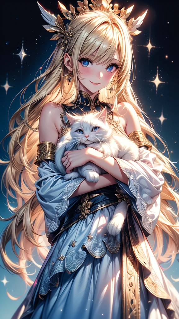 Highly Detailed CG Unity 8K Wallpaper, pretty girl, Mature blonde girl, Half Up,beautiful girl, Hot Maiden, Pale skin (super masterpiece, Fantasy art with intricate detail:1.5,Beautiful person, Well detailed face polluted smile, Her flat chest is completely hidden by her dress、Realistic, Surreal), Pray to the stars,Girl holding cute white cat with big eyes in her arms