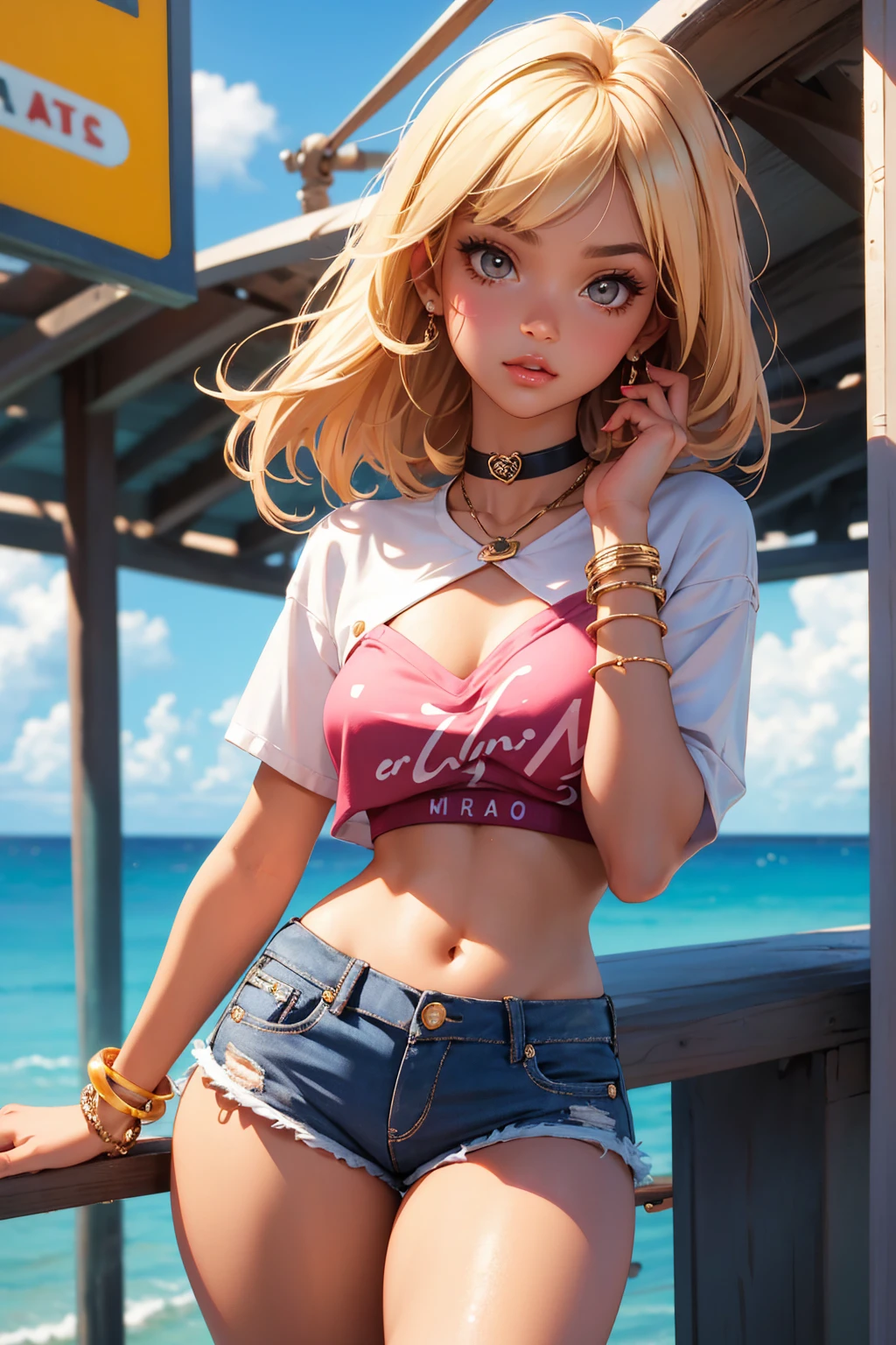 age girl-model 18 years old, beautiful, tanned, blonde, bob hair, bangs, brown eyes, beautiful figure, girl wearing crop shirt and too short mini shorts, beautiful long legs, slave bracelets, slave choker, manicure, cute makeup, flirtatiously posing, hot summer, hot flirty, sexy posing, summer outfit, top quality, higest quality, pin-up style, retro 80s style, Daisy Dukes style, slave girl, Miami vibes