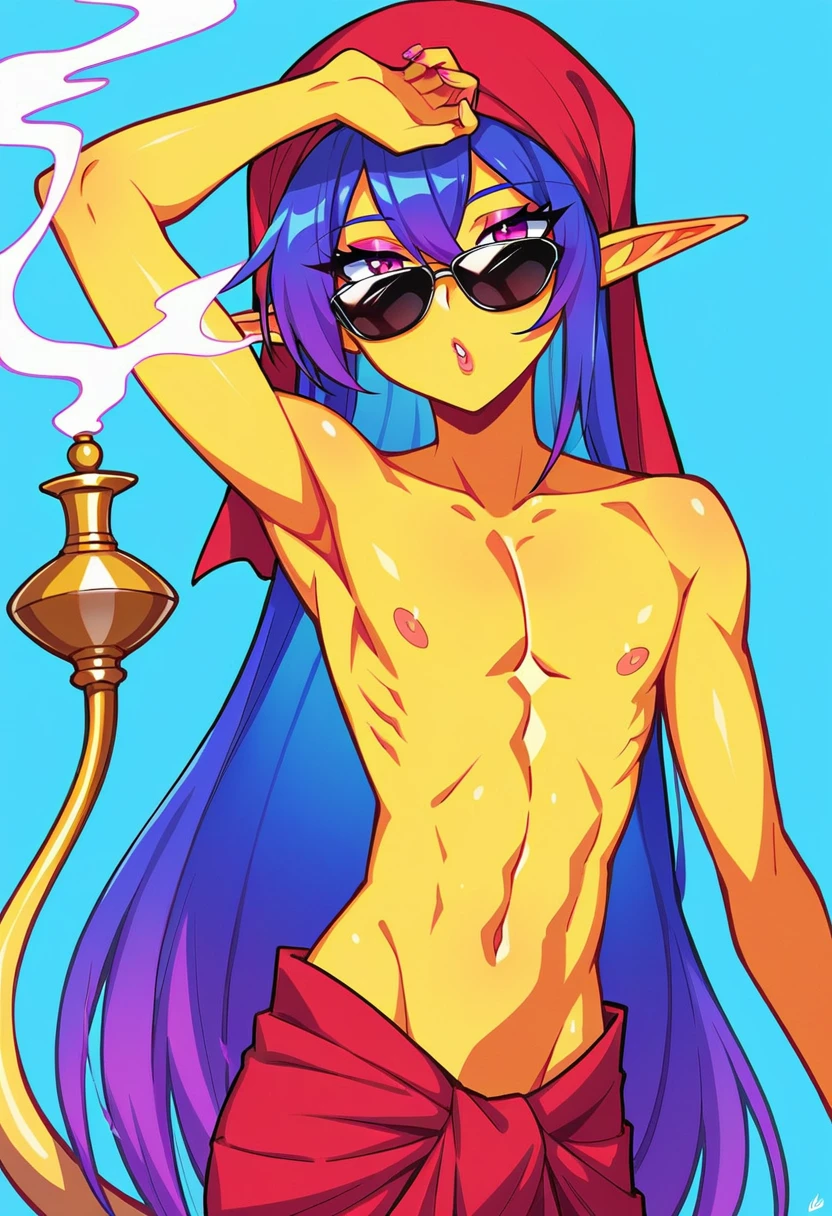 (masterpiece),(highest quality),highres, (extremely detailed), (male), altmer, pretty boy, anime guy, yellow skin, slender, traditional arab garb, lithe, skinny sexy boy, (small waist), (perfect slender male physique),aurora hair, hair with pink and purple hues, smoking hookah, blowing out a hookah, long hair, anime guy, femboy, dewy skin, glossy skin, eyeliner, eyeshadow, colorful, sharp features, dollish eyelashes, ornate, arabesque, arab glasswork, (intricate details), (intricate shadows), impossibly luscious locks, ks haidos, gorgeous, high elf, headscarf, multicolored eyes, shades of plum,