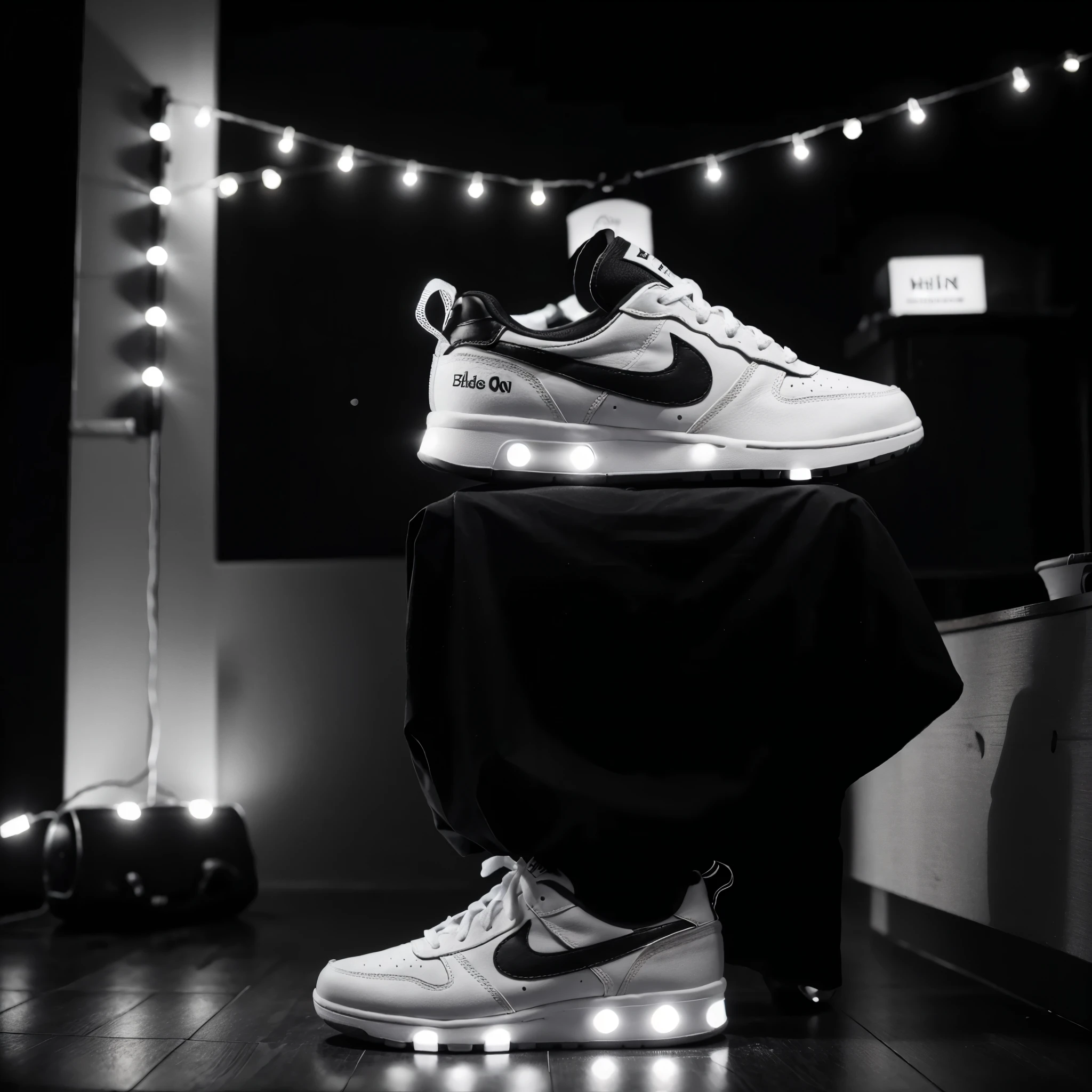 Make a banner of a white men's shoe (just the shoe) with a background of black and white lights.