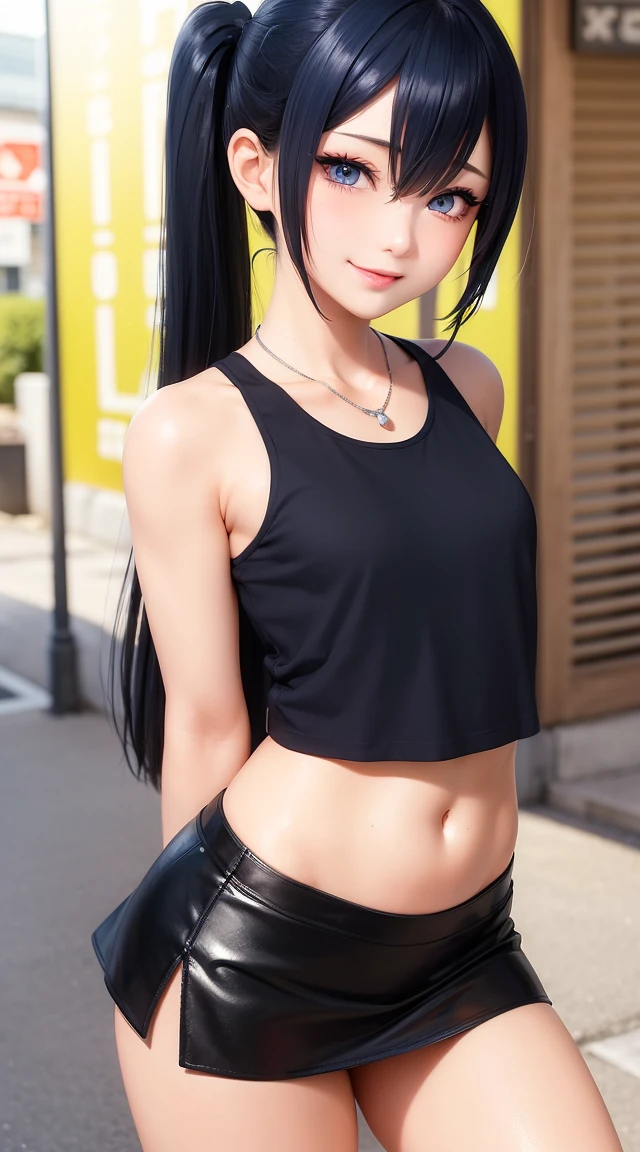 (masterpiece:1.3), (Best Quality:1.3), (Ultra-detailed:1.2), ((kawaii)), Cute, (lovely), ((sexy)), ((Extremely detailed)), 4K, (8K), Best Quality, (Beautiful), Illustration, anime style, (bold line:1.2), Gradation, looking at viewer, //, (bent down:1.1), (arms behind back), //, a cute girl, 1girl, (solo:1.2), gleaming skin, //, (flat chested), (Perfect eyes:1.2), (Perfect iris:1.2), //, darkblue hair color, (beautiful eyes) //, (half closed eyes:1.3), (sexual expression:1.2), Fascinated expression, smile, (blush:1.2), //, modern city background, on rock, twin tails, muscle girl, hard abs, exposed abs, NECKLACE, tank top, skirt