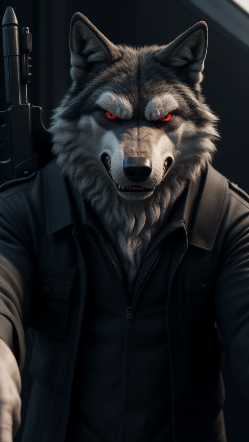  wolf alone somewhere I wake up in the United States red eyes white fur and the standard outfit he wears in the film looking at the viewer completely angry and very irritated because he couldn't take his last life and holding the same weapons as film too