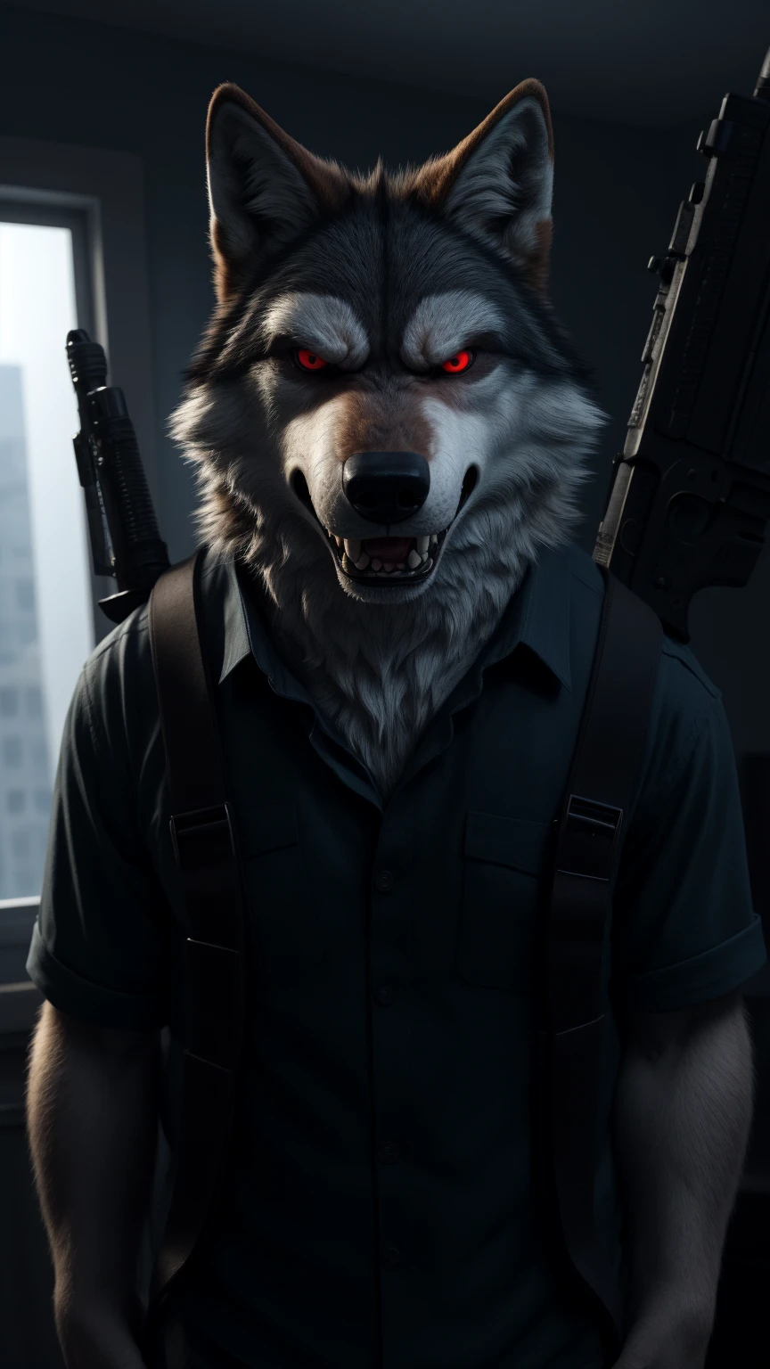  wolf alone somewhere I wake up in the United States red eyes white fur and the standard outfit he wears in the film looking at the viewer completely angry and very irritated because he couldn't take his last life and holding the same weapons as film too