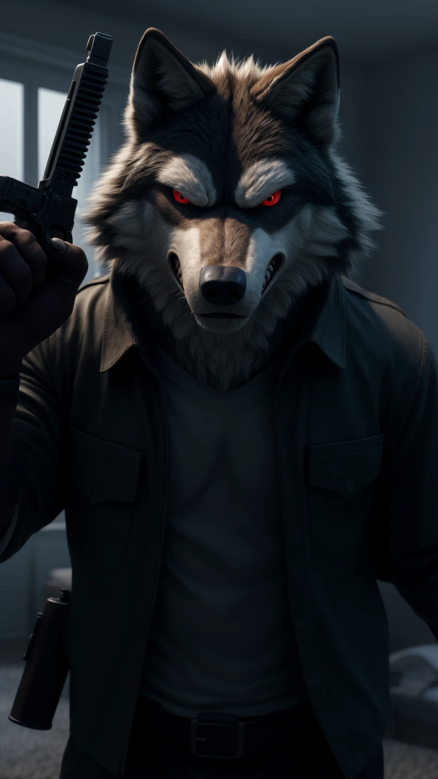 wolf alone somewhere I wake up in the United States red eyes white fur and the standard outfit he wears in the film looking at the viewer completely angry and very irritated because he couldn't take his last life and holding the same weapons as film too