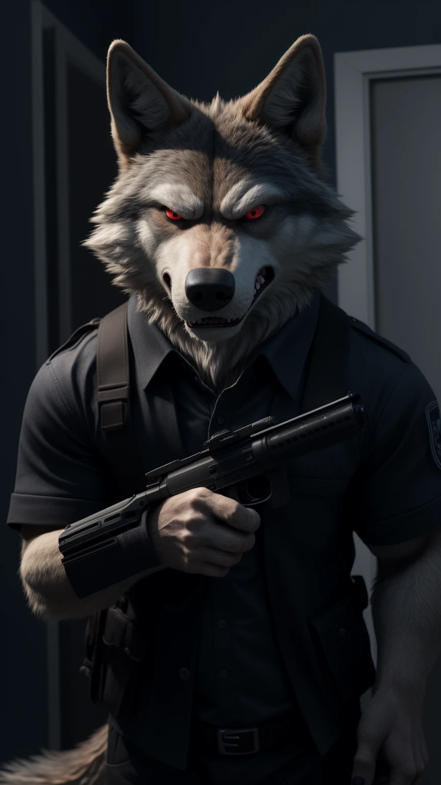 wolf alone somewhere I wake up in the United States red eyes white fur and the standard outfit he wears in the film looking at the viewer completely angry and very irritated because he couldn't take his last life and holding the same weapons as film too