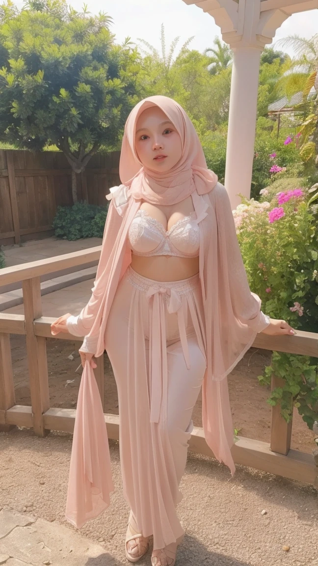 (SHORT HIJAB)), Perfect Beautiful Girl ,  , She is Indonesian , White Skin , Brown Eye , Cleavage , Large Rounded Colossal Breast , Pink Lingerie , Pink Garter Belt , 18 Years Old , Girly , HDR , Extreme Detailed , Look at Viewer , Highly Resolution , Garden Outdoor