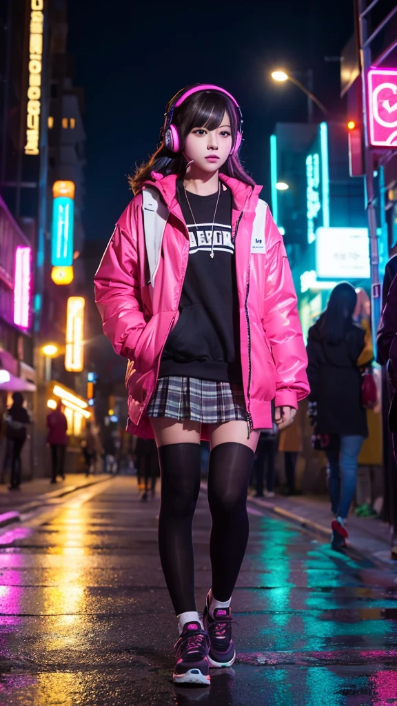 night、A subculture high school girl wearing headphones、walking in the neon city
