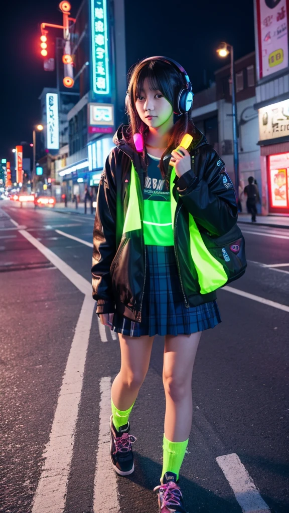 night、A subculture high school girl wearing headphones、walking in the neon city