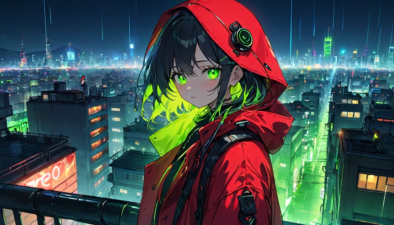 tearsを流す女の子 1 人、whole body、cyber punk、Green Eyes、Glowing Eyes、tears、neon、Red coat、Open coat、、rooftop