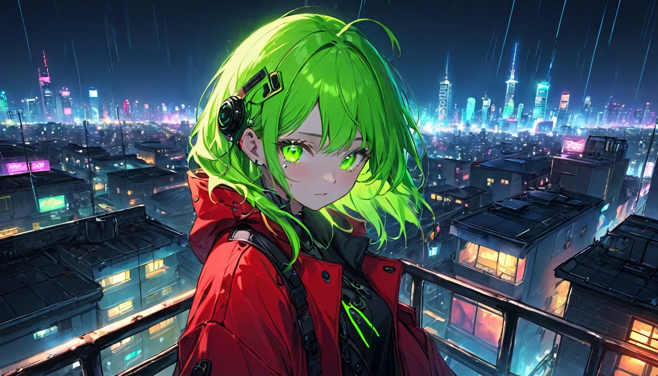tearsを流す女の子 1 人、whole body、cyber punk、Green Eyes、Glowing Eyes、tears、neon、Red coat、Open coat、、rooftop
