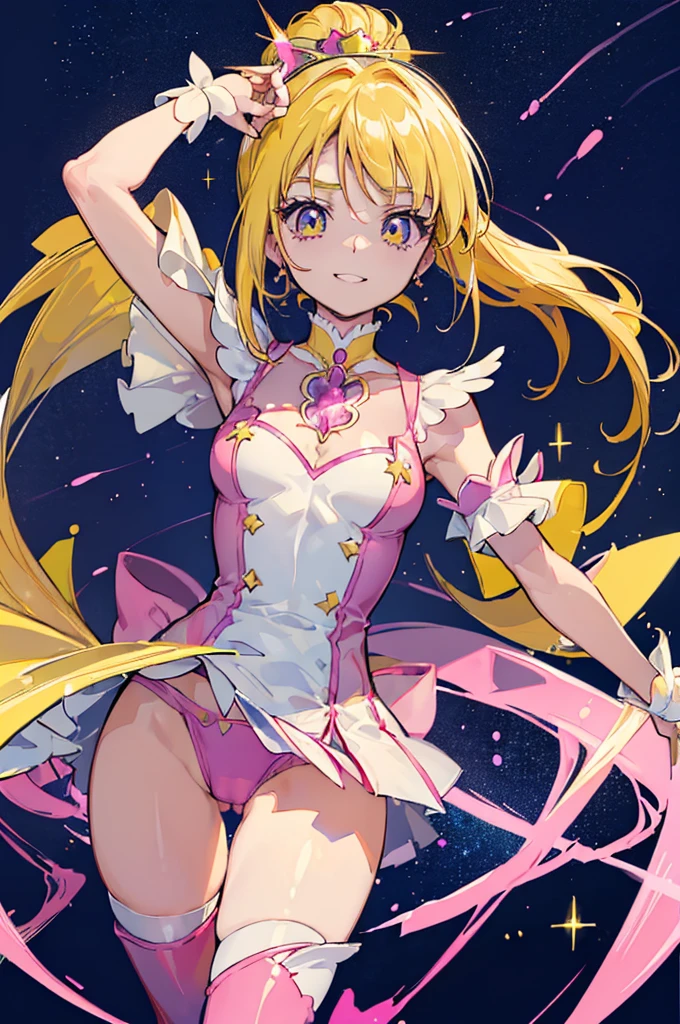(((CurePeace from Smile Pretty Cure,Browsing Caution,Cowboy Shot,Front shot))),(((Her clothes are designed to show her crotch,Costume with thigh skin visible,Her crotch is visible))),(Yellow Magical Girl Costume)+++,alone,Are standing,{{{{{{Tabletop,anime}}}}}},((((A face with attention to detail)))),{{{{最high quality}}}},{{It's all complicated}},Perfect composition, 8k, high quality, Sharp focus,デジタルanimeアート, Spread your legs Bitch Inviting ejaculation Ahegao