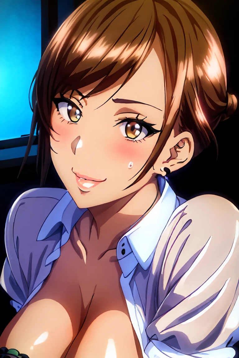 takagaki kaede,One girl, alone, short hair, Heterochromia iridis, blue eyes, Green Eyes, Brown Hair, Detailed body , (Detailed face:1.1), (Perfect Eyes), (Big Breasts:1.3), Thick eyelashes, Long eyelashes, (Blunt bangs:1.2), Perfect dynamic composition, (fix:1.2), Cleavage, jewelry, Earrings, Open clothes, tie shirt, Tent shirt, Unbuttoned shirt, Bra Peek, lace trim bra, (leopard pattern:1.2), belt, Pleated skirt, Lace-trimmed legwear, Garter Straps, See through, (Dark Skin:1.2), hoop Earrings, Gal, Wicked Smile, Captivating smile, blush, Seductive pose, (Captivating smile:1.4), Thick lips, (Big Lips:1.2), (Huge lips: 1.2), (Lips parted:1.2), (Thick lips:1.4), street, Night sky 8k, 4K, masterpiece, highest quality, Fantasy, Very detailed, complicated, Super detailed, Fine grain, (Perfect Face), figure, Soft lighting, (Mirror reflection illumination:1.2), (Shiny skin, Glowing Skin), View Viewer,