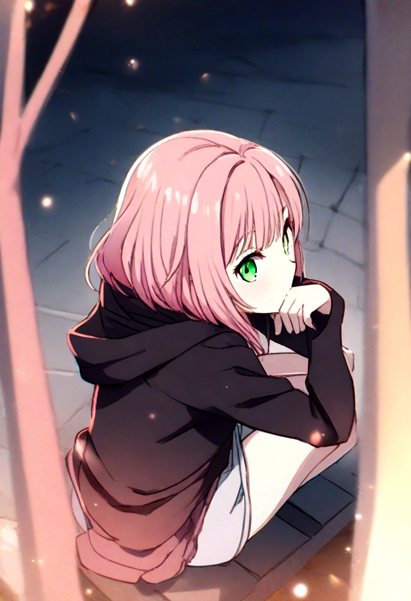 1girl, black hoodie, sakura,green eyes,pink hair, sitting on bench , looking at viewer,cool pose