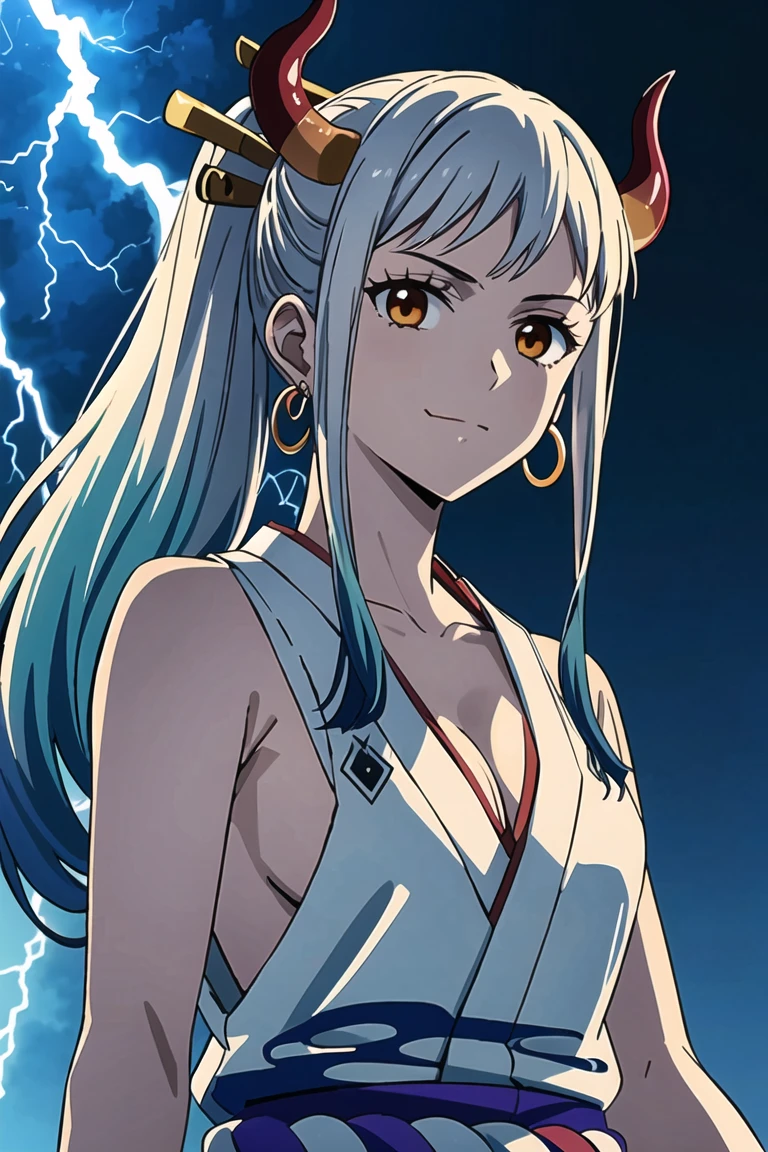 (masterpiece), hdr, proud mood,
yamato, earrings, hair stick, bare shoulders, japanese clothes, kimono, rope, sleeveless kimono, shimenawa, high ponytail,
black background, dim light, looking at viewer, lightning effect