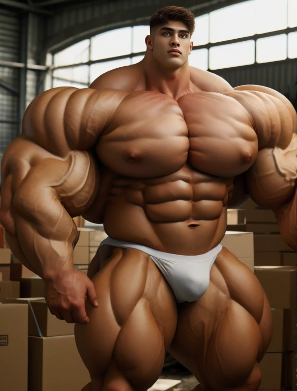 1boy, giant, model shoot style, staring, illuminating light, strong body, bulk, large size, cramped in the abandoned warehouse, nude, white triangular underwear, prominent bulge, big, brutalmass, giant, muscular body, bulk, massive body, large meaty body size