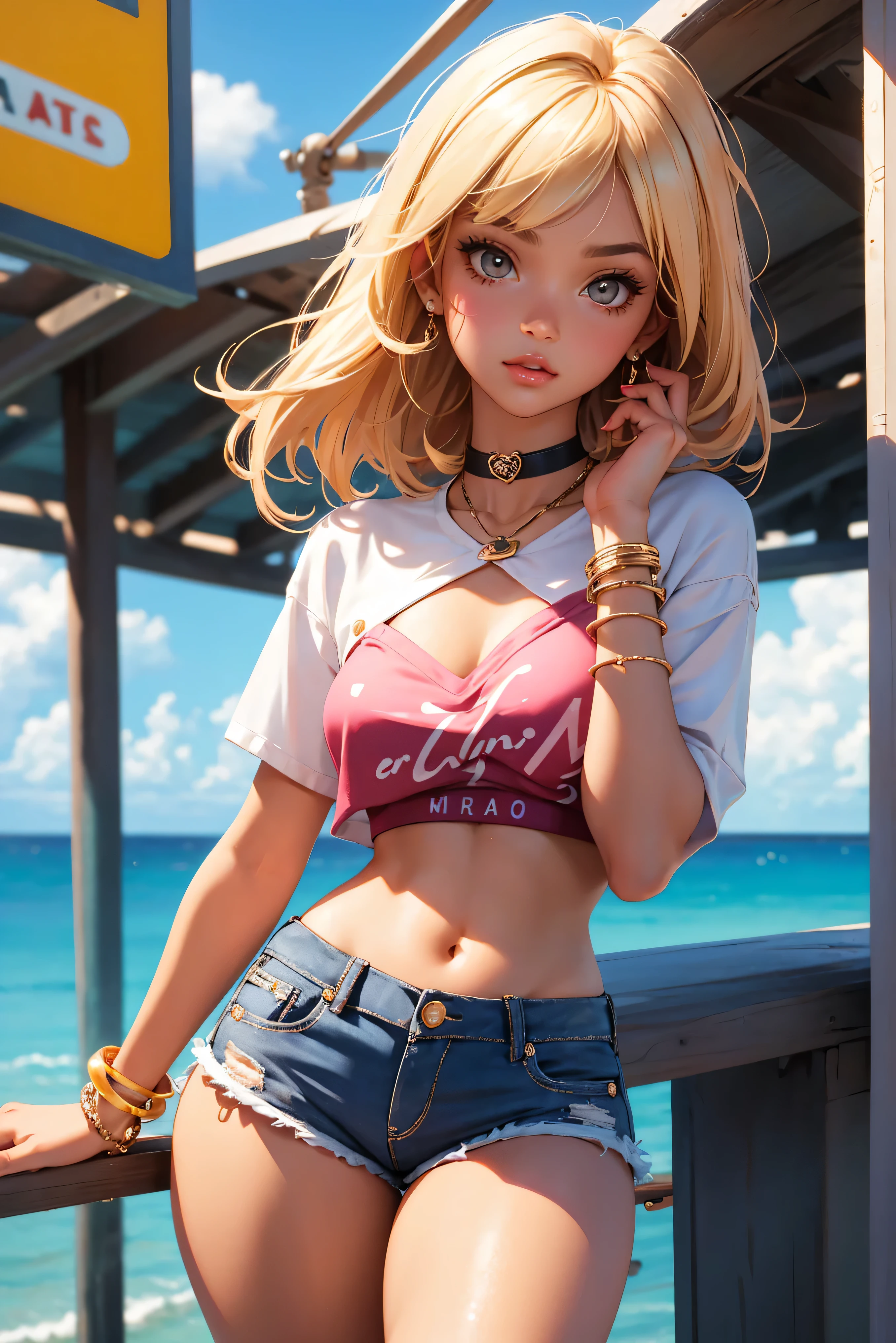 age girl-model 18 years old, beautiful, tanned, blonde, bob hair, bangs, brown eyes, beautiful figure, girl wearing crop shirt and too short mini shorts, beautiful long legs, slave bracelets, slave choker, manicure, cute makeup, flirtatiously posing, hot summer, hot flirty, sexy posing, summer outfit, top quality, higest quality, pin-up style, retro 80s style, Daisy Dukes style, slave girl, Miami vibes
