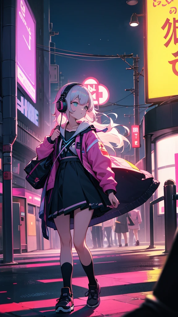 night、A subculture high school girl wearing headphones、walking in the neon city
