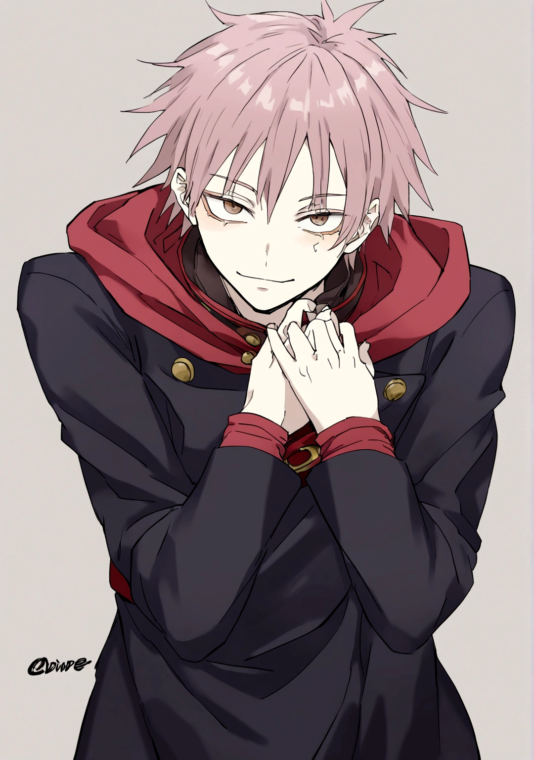 1 chico, average height and pale skin. Su cabello es negro y liso, cubre la parte derecha de su rostro, ojos oscuros. With animation from the Mappa studio, from the anime Jujutsu Kaisen with the uniform of the Tokyo Metropolitan School of Wizardry