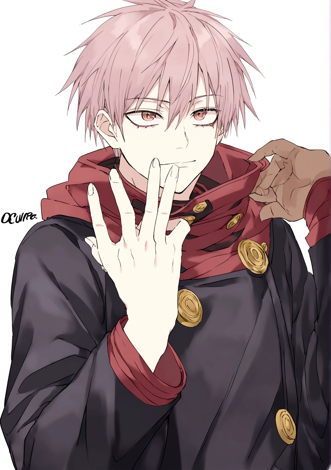 1 chico, average height and pale skin. Su cabello es negro y liso, cubre la parte derecha de su rostro, ojos oscuros. With animation from the Mappa studio, from the anime Jujutsu Kaisen with the uniform of the Tokyo Metropolitan School of Wizardry