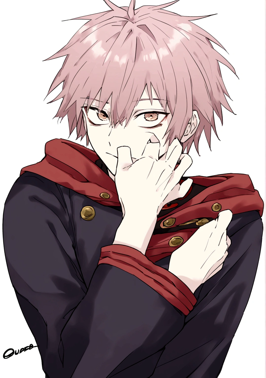 1 chico, average height and pale skin. Su cabello es negro y liso, cubre la parte derecha de su rostro, ojos oscuros. With animation from the Mappa studio, from the anime Jujutsu Kaisen with the uniform of the Tokyo Metropolitan School of Wizardry