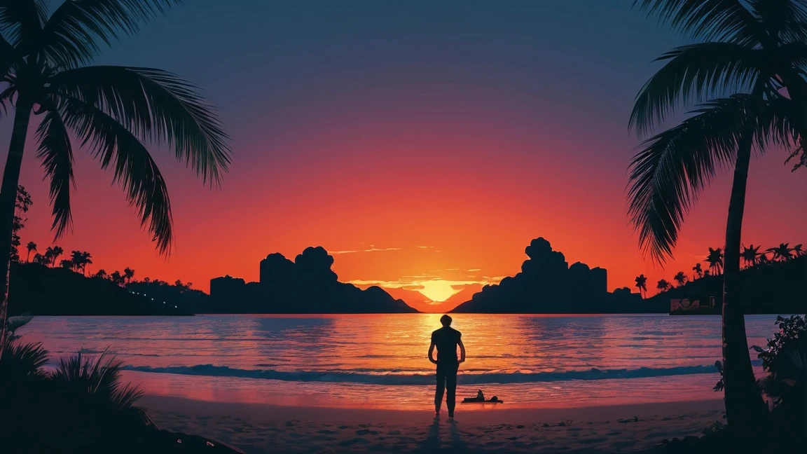 tropical musical retro arcade 90s vector illustration of sunset on the beach, in the style of Dan Mumford, vintage aesthetic, compositions inspired by nature, dark and gloomy landscapes, tropical landscapes, Miami