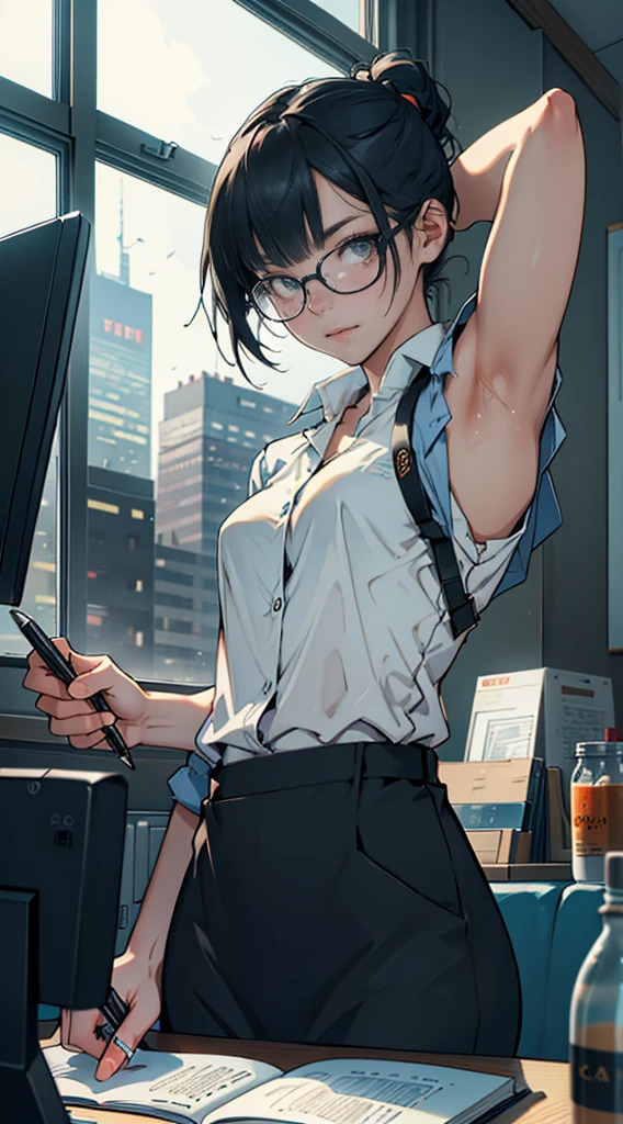 A beautiful female college student,  screen in front of window,  Overlooking the city projected on the screen, cafe,  window behind white desk, city view, overlooking the cityscape, notebook, Holding a pen in one hand, glasses, black hair, midsummer loungewear, cool clothes, ((skin under one armpit)), ((flank skin)), intellectual atmosphere, dark lighting,  knowledge, scholarship, study tools, enthusiasm, calm environment, taking notes, enthusiasm, immersion, inquisitiveness, research,　concentration, sense of accomplishment, pursuit of knowledge, academic pursuit,  academic inquisitiveness, cinematic lighting, Sony FE GM, masterpiece, top quality, 4K, academic atmosphere, (masterpiece), (best quality), ultra-high res, sharp focus, beautiful detailed hair