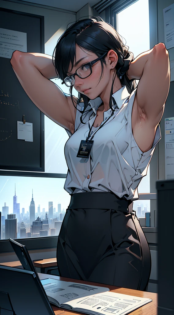 A beautiful female college student, screen in front of window, Overlooking the city projected on the screen, cafe, window behind white desk, city view, overlooking the cityscape, notebook, Holding a pen in one hand, glasses, black hair, midsummer loungewear, cool clothes, ((skin under one armpit)), ((flank skin)), intellectual atmosphere, dark lighting, knowledge, scholarship, study tools, enthusiasm, calm environment, taking notes, enthusiasm, immersion, inquisitiveness, research, concentration, sense of accomplishment, pursuit of knowledge, academic pursuit, academic inquisitiveness, cinematic lighting, Sony FE GM, masterpiece, top quality, 4K, academic atmosphere, (masterpiece), (best quality), ultra-high res, sharp focus, beautiful detailed hair