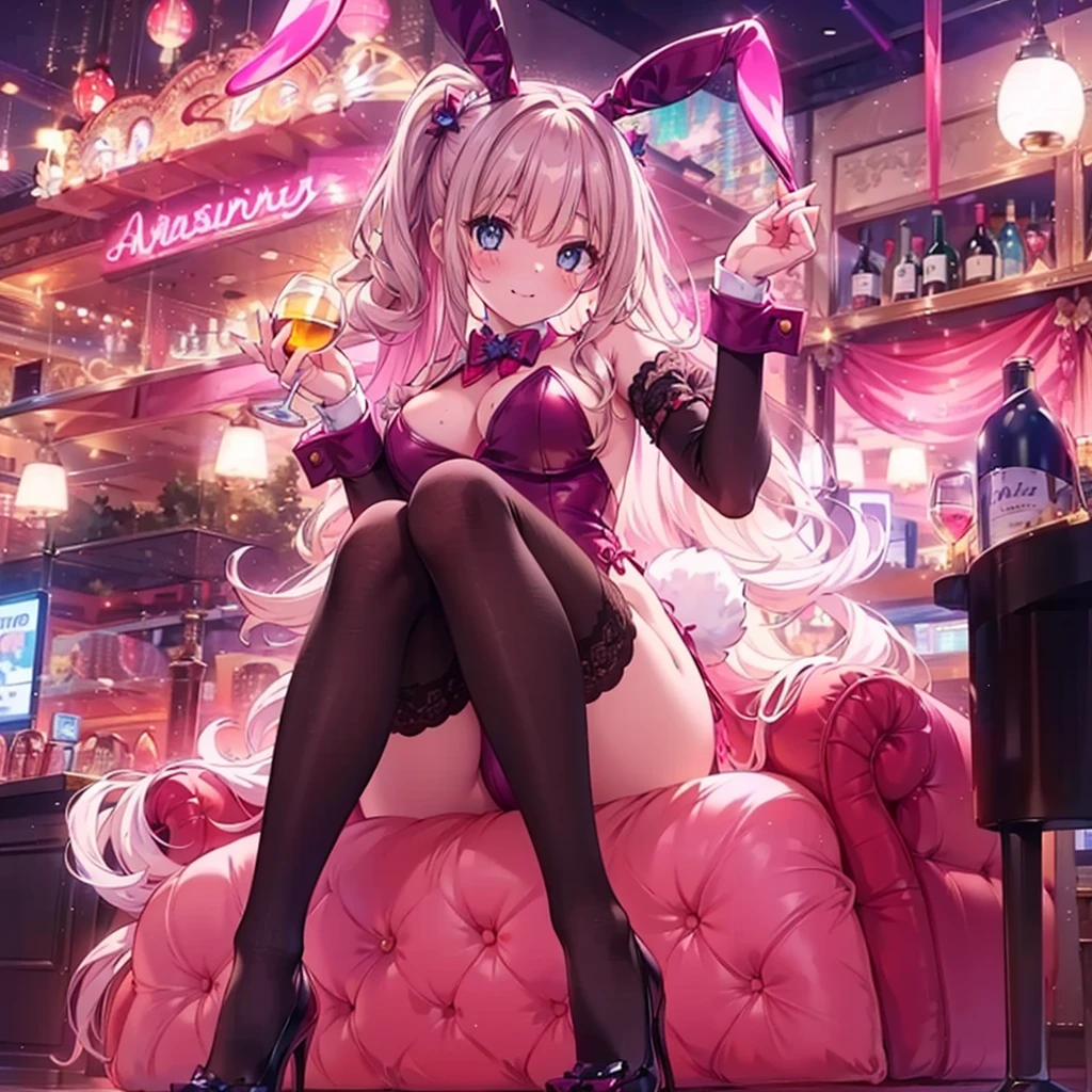 masterpiece, best quality, high resolution, extremely detailed CG, absurdres, highres, expressive eyes, perfect face, 1girl, a cute y girl in ((bunny_suit)), kawaii, casino, night club, sexosing, fishnet_thighhighs, large_breastne)) ,((detailed_background))