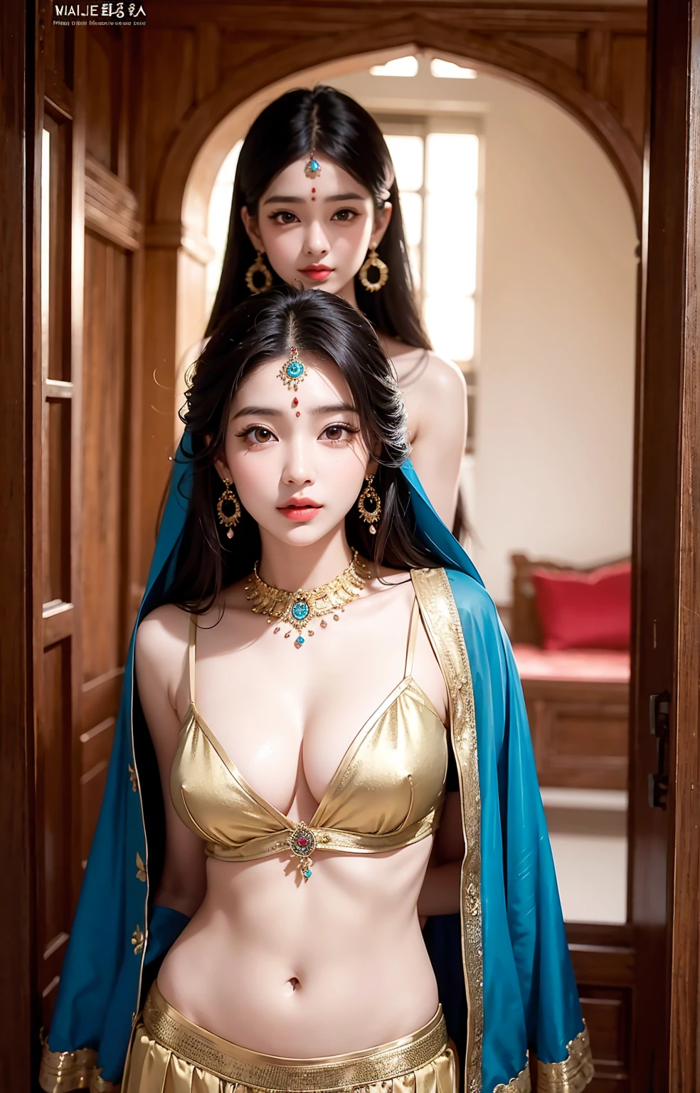 Une femme en sari posant pour une photo, Indian, traditional beauty, Indien, beautiful girl, Ornate Cosplay, en tailleur, Super mannequin indien, Belle jeune fille, femme magnifique, Asie du Sud-Est avec Long, Indien provocateur, magnifique belle femme, Tenue complexe, Hindu aesthetics, belle fille asiatique, Extremely detailed shot of the girl, jaw dropping beauty, Big breasts deep neckline sexy navel