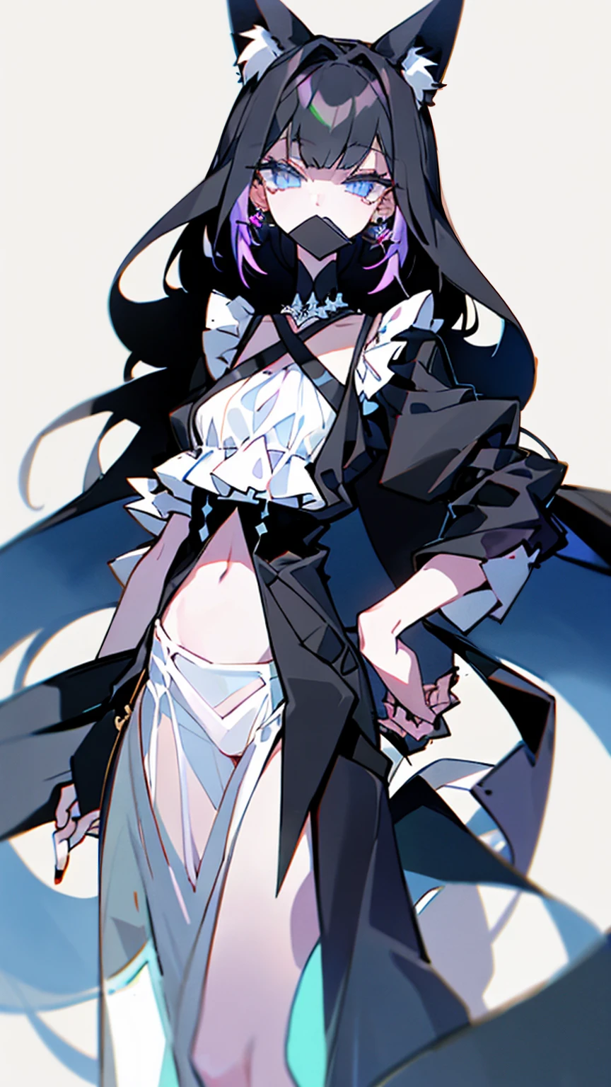 score_9, score_8_superior, score_7_superior, score_6_superior, One girl, 1Other, Animal ears, Put your arms behind your back, Black Hair, Black nails, blue eyes, Blunt bangs, chest, Mouth closed, Earrings, Nightgown, hand superior, Humanization, jewelry, large chest, Long Hair, View Viewer, mouth Veil, Manicure, belly button, See through, Side Lock, Simple Background, Stomach, Veil, White Background, 