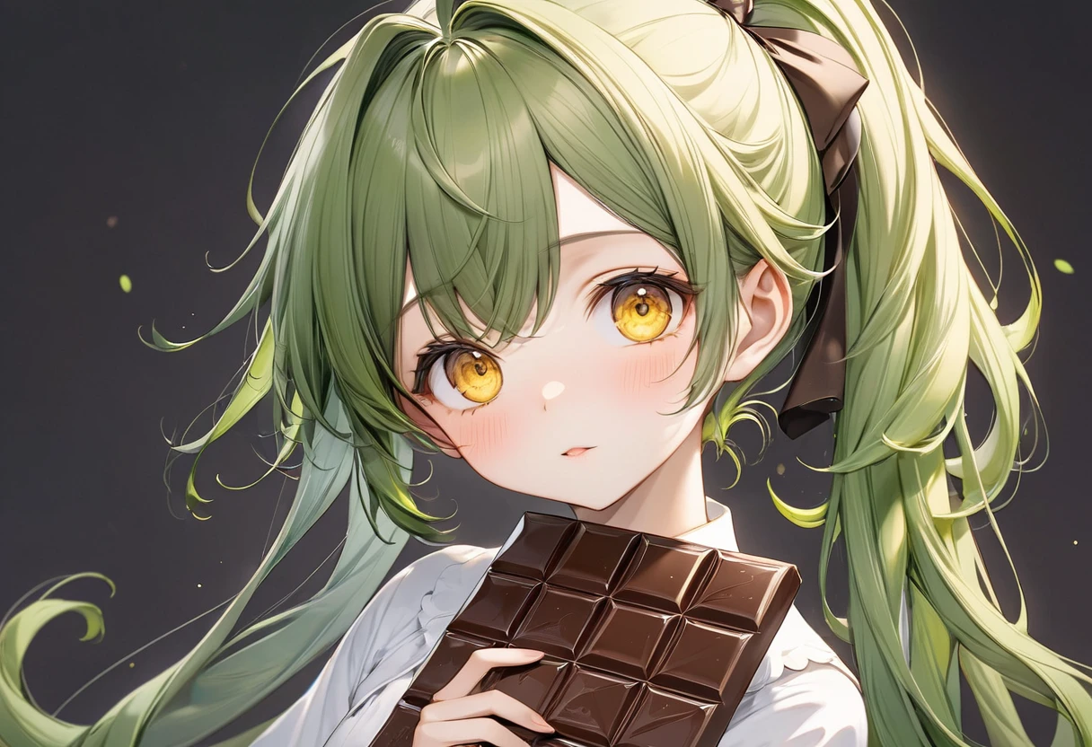 (the chocolate is shape "3"), ( yo, solo ponytail green hair long hair cute girl, cute yellow eyes, is holding it), perfect anatomy, masterpiece, best quality, 16k, beautiful detailed grow, daydreaming expression.