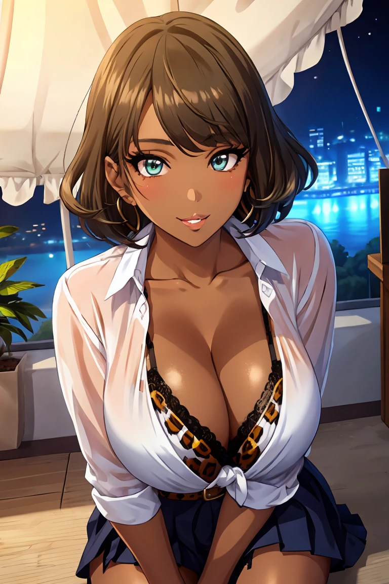 takagaki kaede,One girl, alone, short hair, Heterochromia iridis, blue eyes, Green Eyes, Brown Hair, Detailed body , (Detailed face:1.1), (Perfect Eyes), (Big Breasts:1.3), Thick eyelashes, Long eyelashes, (Blunt bangs:1.2), Perfect dynamic composition, (fix:1.2), Cleavage, jewelry, Earrings, Open clothes, tie shirt, Tent shirt, Unbuttoned shirt, Bra Peek, lace trim bra, (leopard pattern:1.2), belt, Pleated skirt, Lace-trimmed legwear, Garter Straps, See through, (Dark Skin:1.2), hoop Earrings, Gal, Wicked Smile, Captivating smile, blush, Seductive pose, (Captivating smile:1.4), Thick lips, (Big Lips:1.2), (Huge lips: 1.2), (Lips parted:1.2), (Thick lips:1.4), street, Night sky 8k, 4K, masterpiece, highest quality, Fantasy, Very detailed, complicated, Super detailed, Fine grain, (Perfect Face), figure, Soft lighting, (Mirror reflection illumination:1.2), (Shiny skin, Glowing Skin), View Viewer,