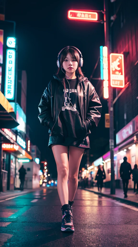night、A subculture girl wearing headphones、walking in the neon city