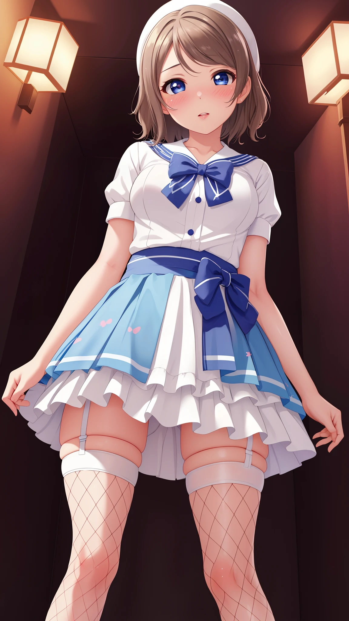(Masterpiece), 8k wallpaper, solo, Watanabe you, game cg, beautiful detailed face and eyes, perfect anatomy, standing, blush, glossy lips, (white fishnets)