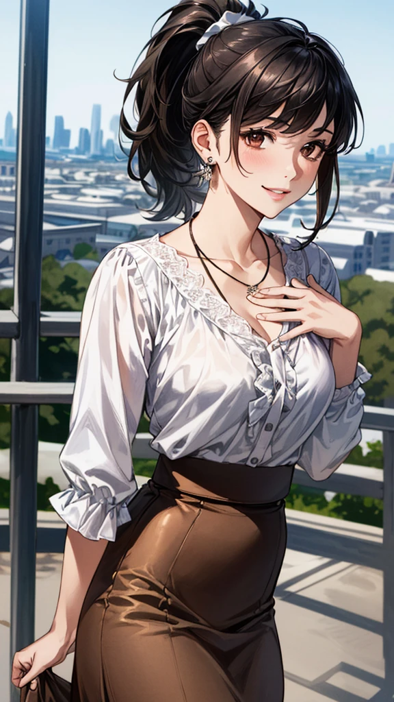 (masterpiece:1.3, highest quality, Ultra-high resolution, Super detailed), (Realistic, photoRealistic:1.4), Beautiful illustrations, Perfect lighting, colorful, Depth of written boundary,
Beautiful detailed hair, Beautifully detailed face, Beautiful fine details, Beautiful clavicle, Beautiful body, Beautiful breasts, Beautiful thighs, Beautiful feet, Beautiful fingers,
View Viewer, Front view:0.6, 1 girl, Japanese, Female college student, Perfect Face, (Perfect Anatomy, Anatomically correct), Cute and symmetrical face, Baby Face, , Shiny skin,
((blouse:1.4, Brown long skirt:1.4)),
(Black Hair, ponytail:1.4), Asymmetrical bangs, Brown eyes, Long Eyelashes, (Medium chest), thin,
necklace, Earrings,
(Beautiful views), evening, (city, cityscape in the distance), Are standing, (Place your hand on your chest), (Smile, Lips parted),