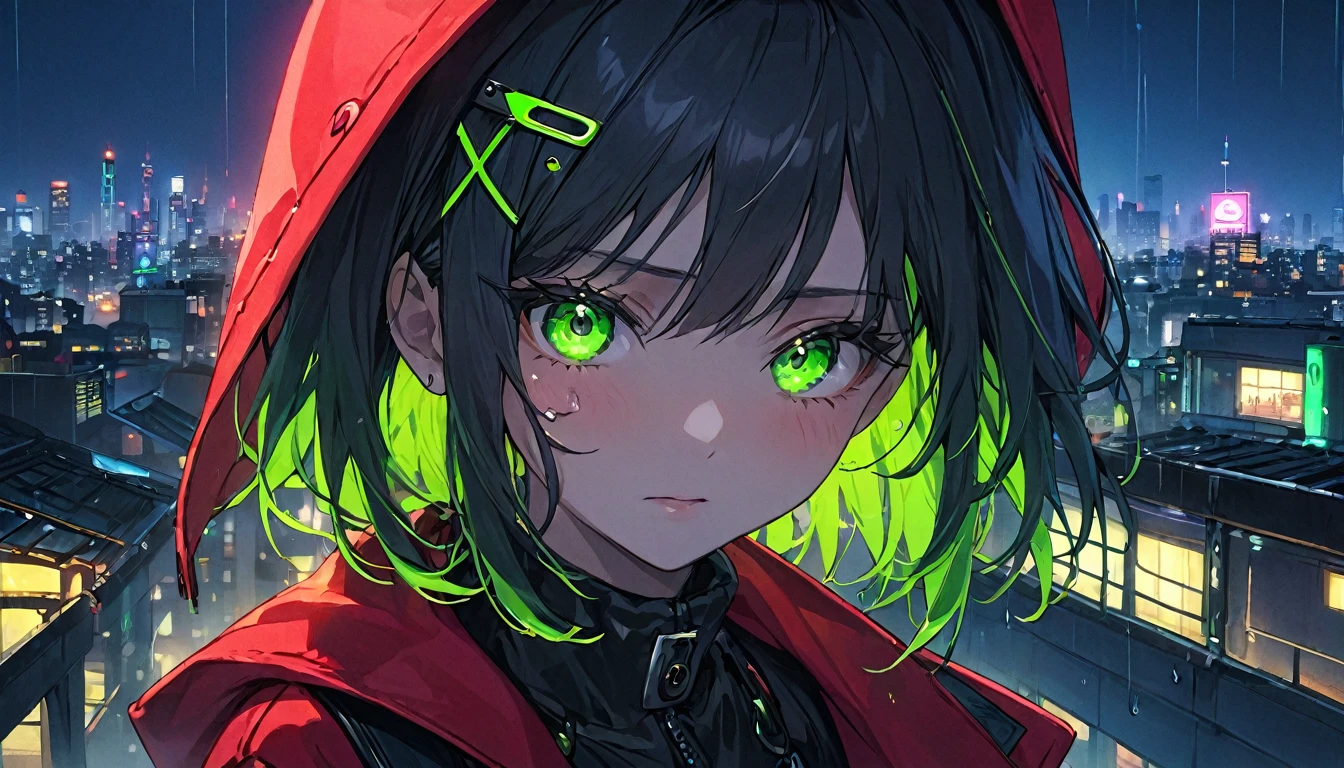 tearsを流す女の子 1 人、Close-up of face、cyber punk、Green Eyes、Glowing Eyes、tears、neon、Red coat、Open coat、Teen、rooftop