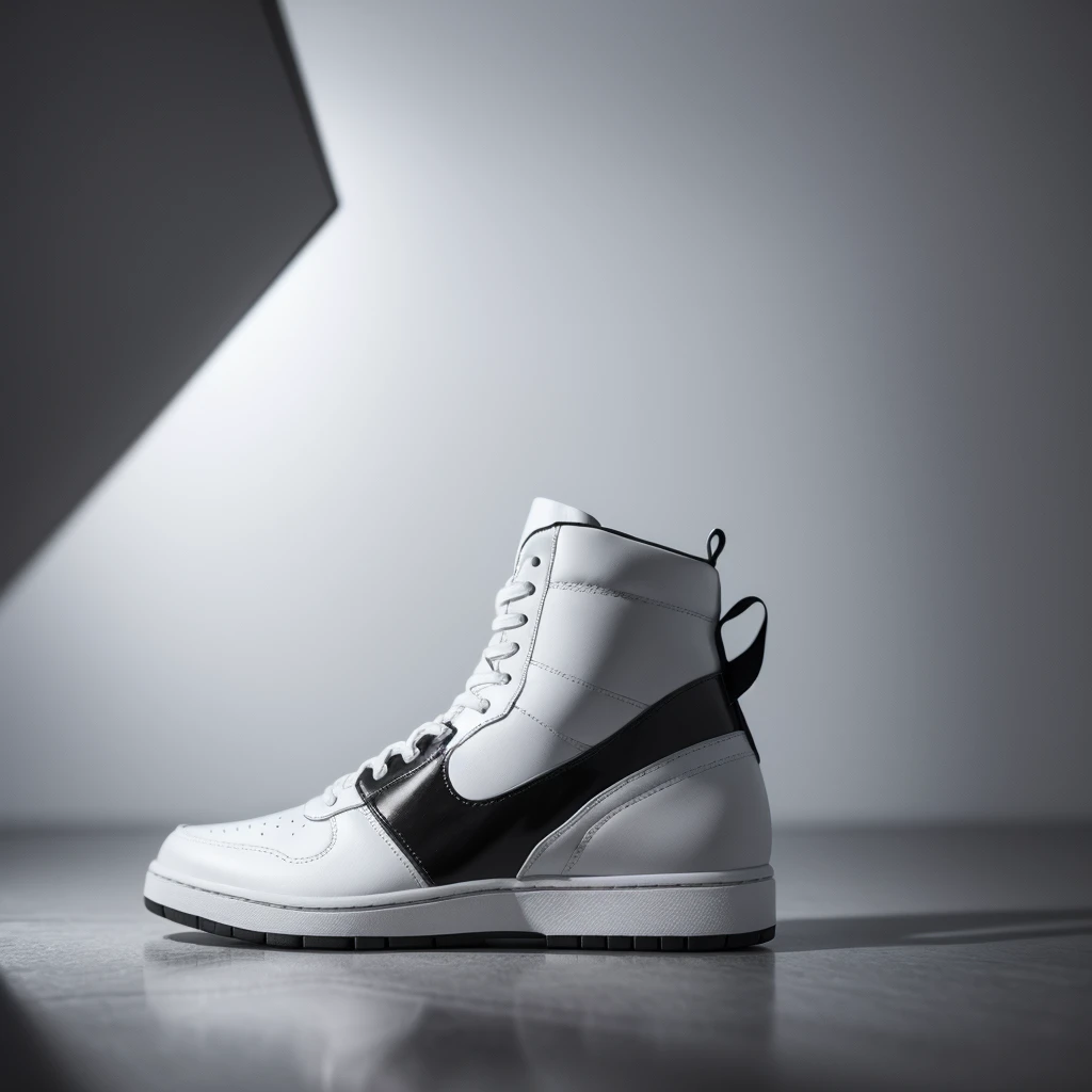 A high-quality white men's shoe,black and white lights background,studio lighting,photorealistic,detailed textures,3D render,minimalist,clean design,elegant,modern,sleek,high-end product photography,white backdrop,dynamic composition,reflections,high contrast,chiaroscuro,cinematic lighting,product advertisement